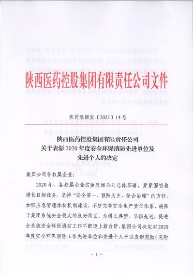 陜藥集團(tuán)發(fā)〔2021〕13號關(guān)于表彰2020年度安全環(huán)保消防先進(jìn)單位及先進(jìn)個人的決定